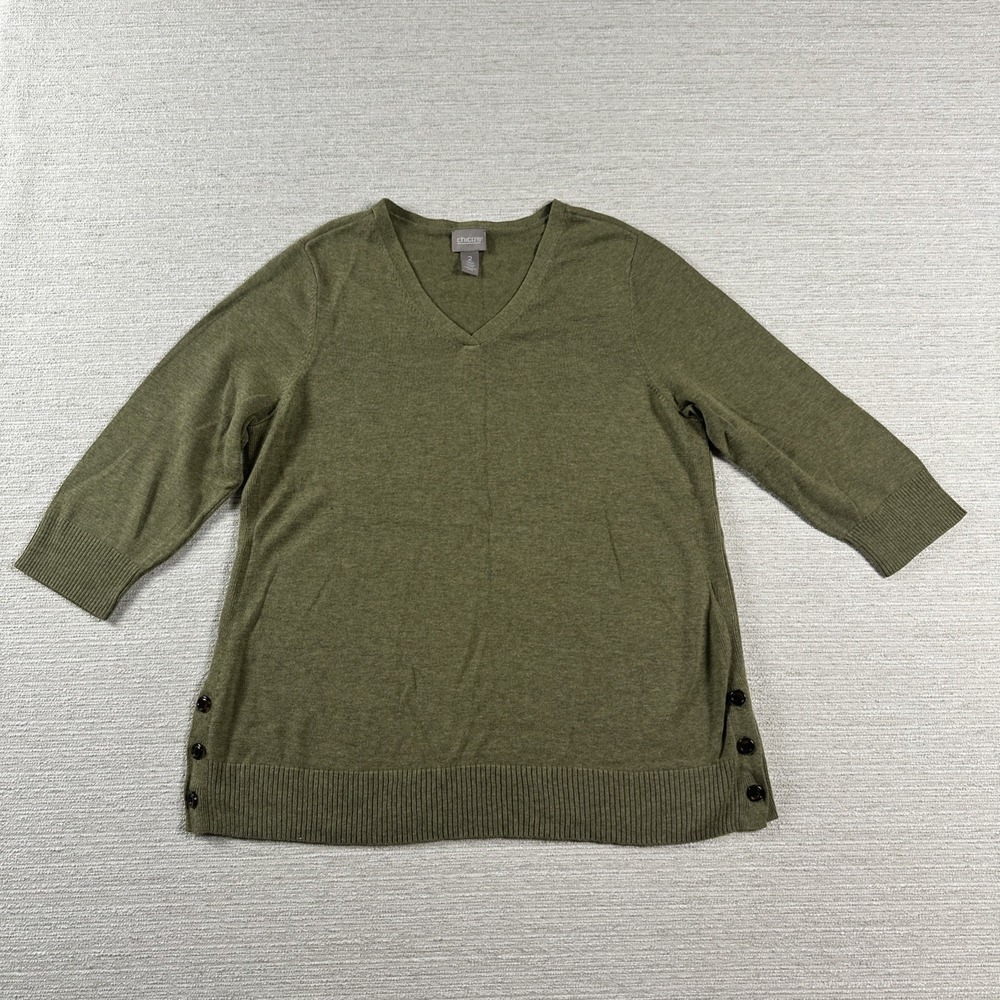 Old Money Quiet Luxury Olive V Neck Sweater Top Button Hem Chico's 2 Minimalist